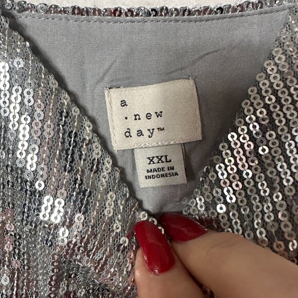 A New Day Size 2XL Women Silver Sequin Spaghetti Strap Mini Slip Dress New Year - Picture 3 of 6